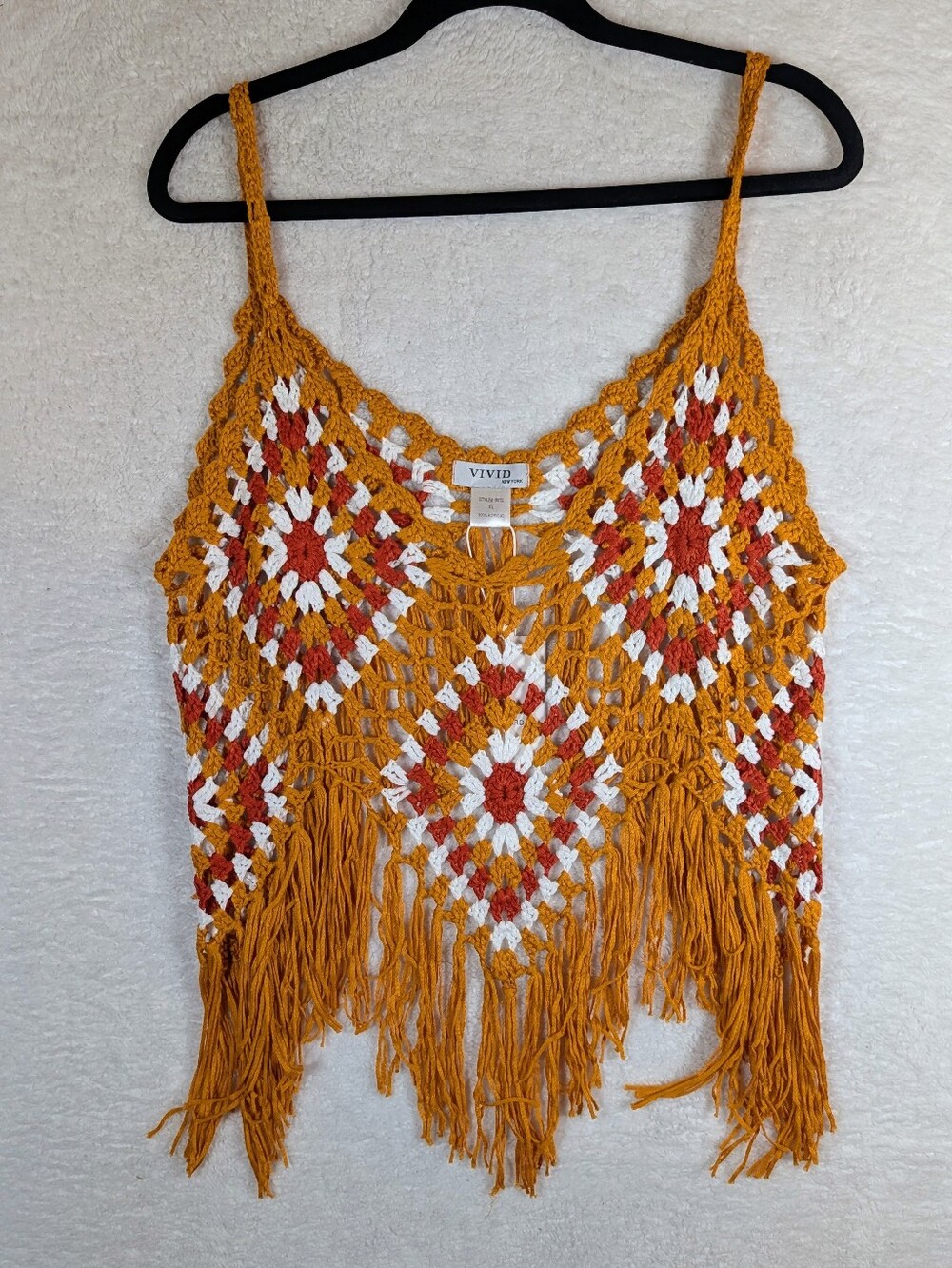 VIVID Crochet Festival Fringe Tank Top - Mustard, White & Rust